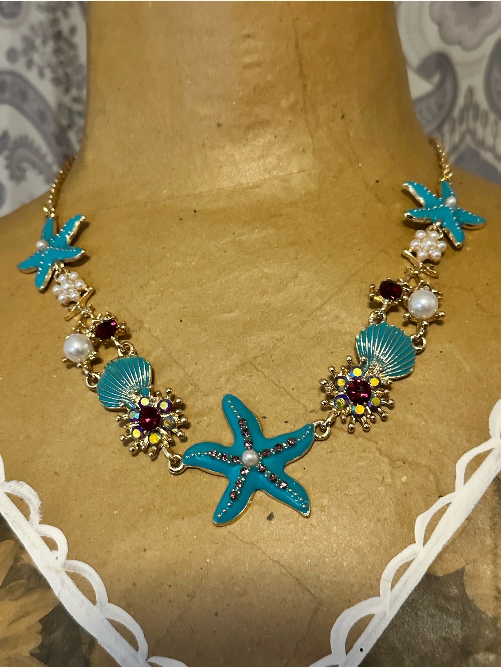 Turquoise Starfish and Shell Pendant Necklace with Gold Accents